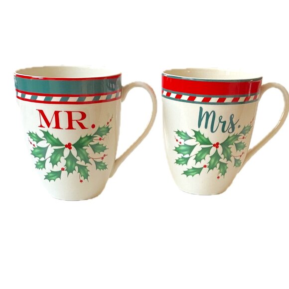 Christmas Holiday "Mr & Mrs" Coffee Mugs Lenox Holly Berries Microwave DW Safe - Picture 1 of 10